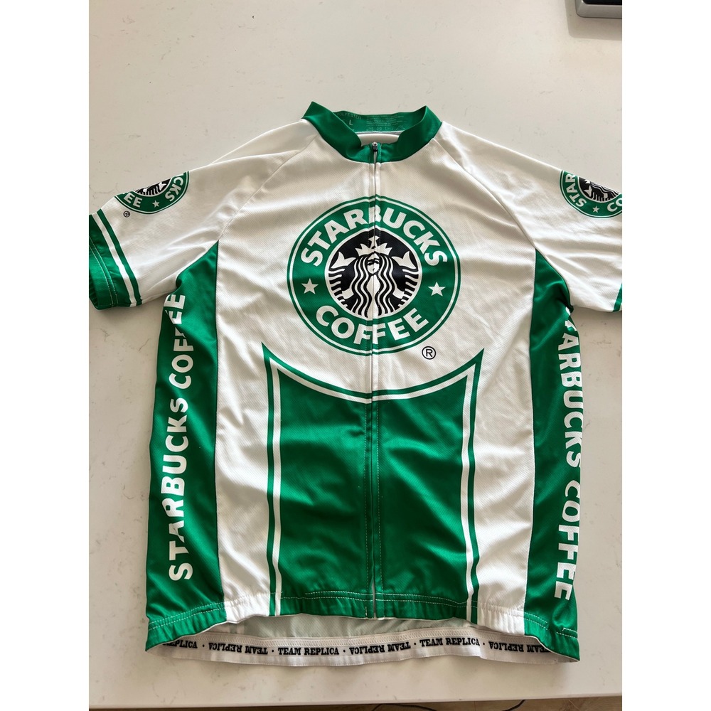 Starbucks Coffee Cycling Jersey Mens Large Green White Short Sleeve Full Zip L